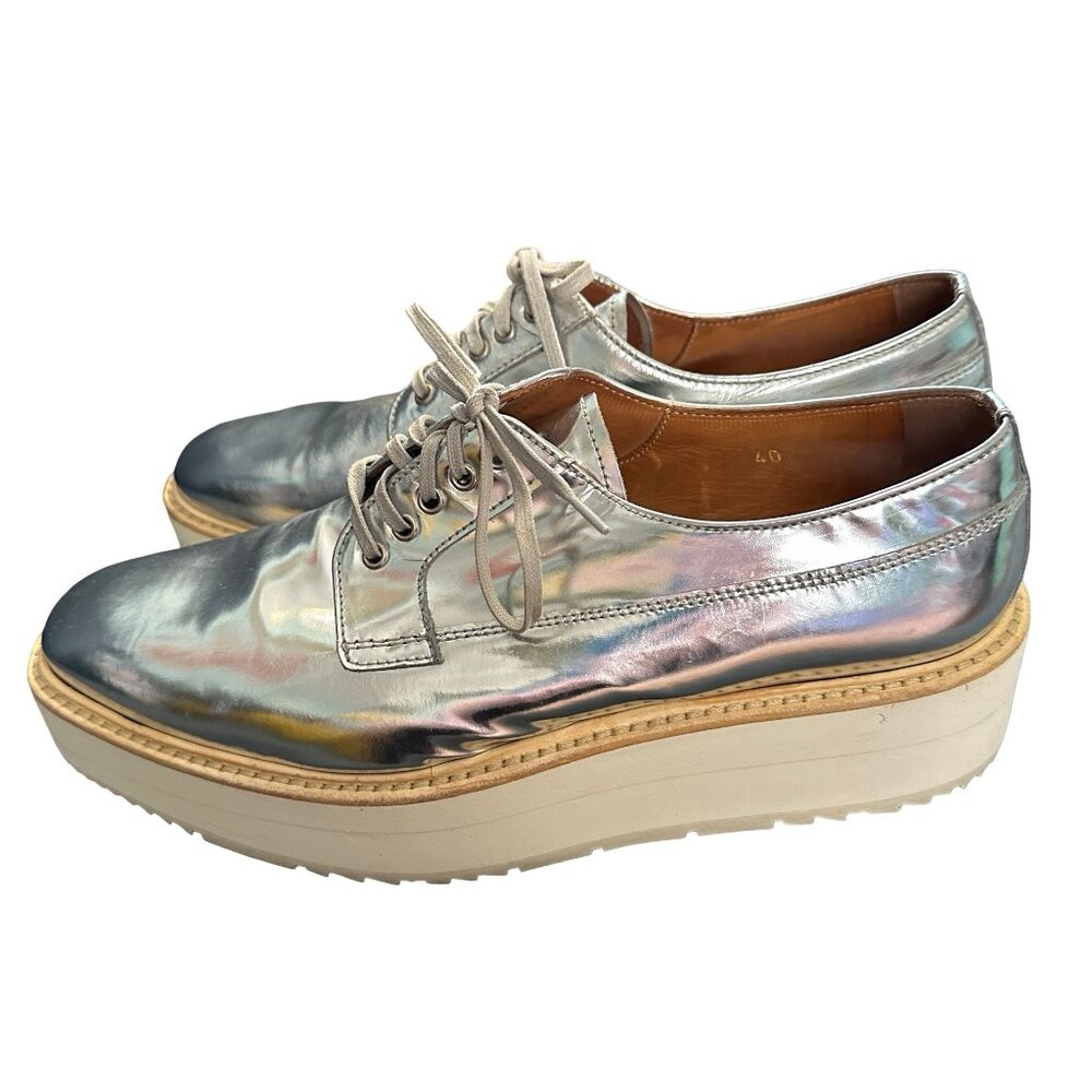 Prada Silver Patent Leather Platform Brogue Oxford Shoes Metallic Lace Up 40